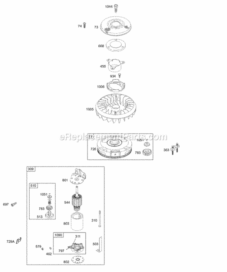 Electric Starter Flywheel Diagram and Parts List for 313707-0162-E5  Briggs and Stratton Engine